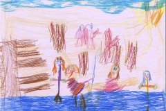 Børn der bader ved Bækskilde strand. Tegnet af Ella Sia 5 år. Oldebarn af Henning og Constance Henningsen fra Østre Skovgaard.