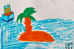 Liam 9 år fra Ø-Lejren har tegnet Højestene og Drejø. Drejøs markedsdag 2022